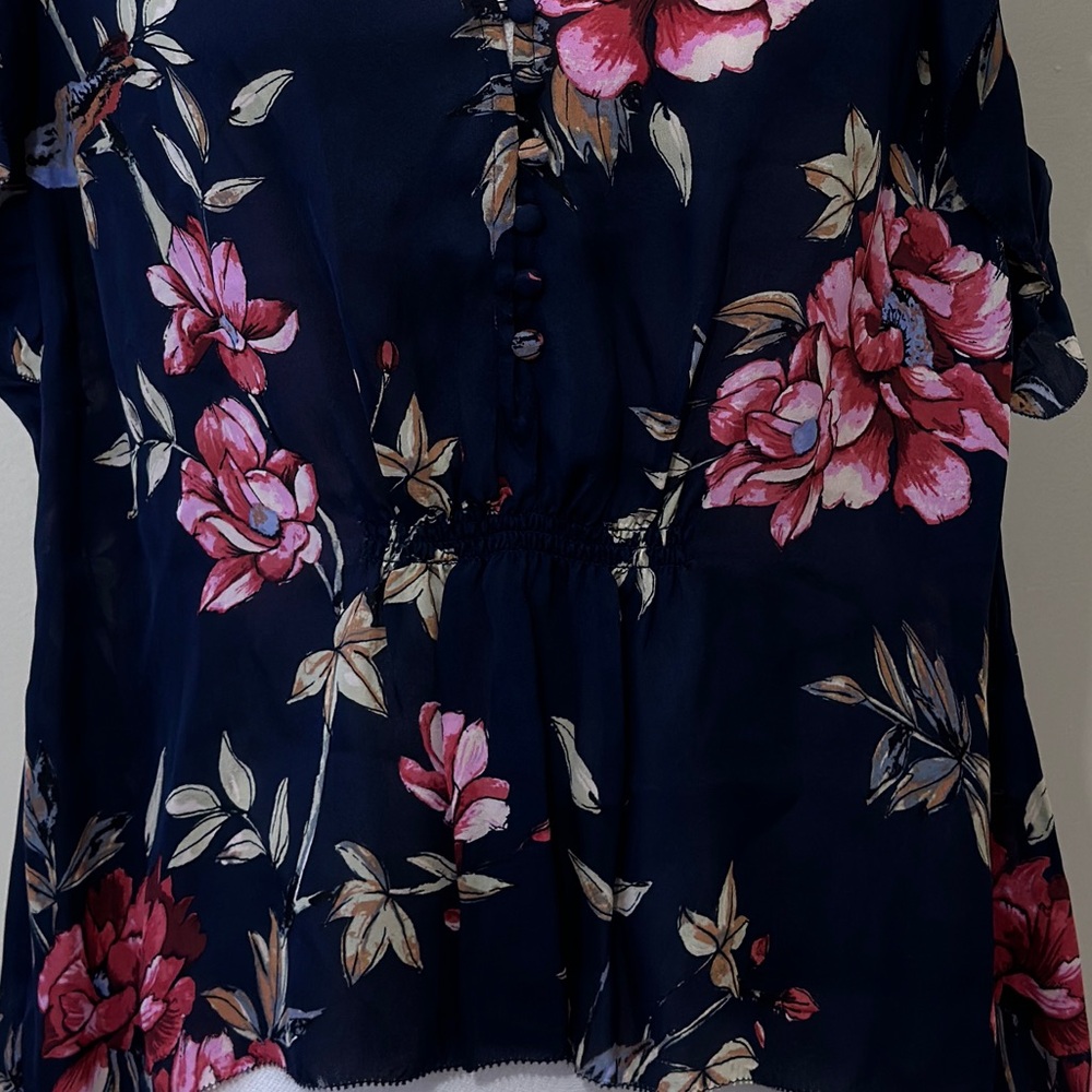 Joie Crisbell 100% Silk Floral Blouse Navy Pink Ruffle Sleeve Top L - Picture 9 of 12